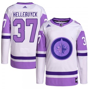 Connor Hellebuyck Winnipeg Jets Adidas Authentic White/Purple Hockey Fights Cancer Primegreen Jersey