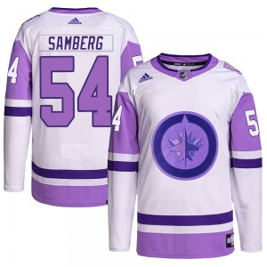 Dylan Samberg Winnipeg Jets Adidas Authentic White/Purple Hockey Fights Cancer Primegreen Jersey