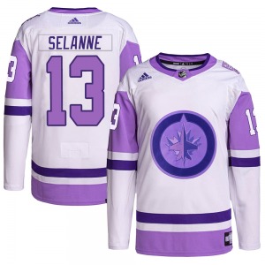 Teemu Selanne Winnipeg Jets Adidas Authentic White/Purple Hockey Fights Cancer Primegreen Jersey